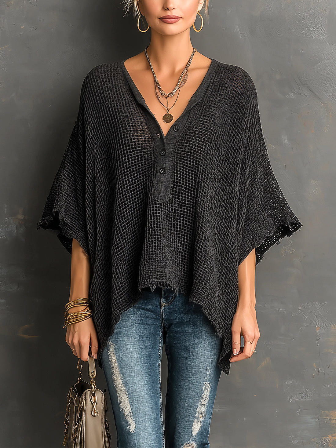 ElevenOra Chic Casual Black Henley Collar Dropped Shoulder Batwing-Sleeve Raw Edge Detail Loose-Fit Sweater