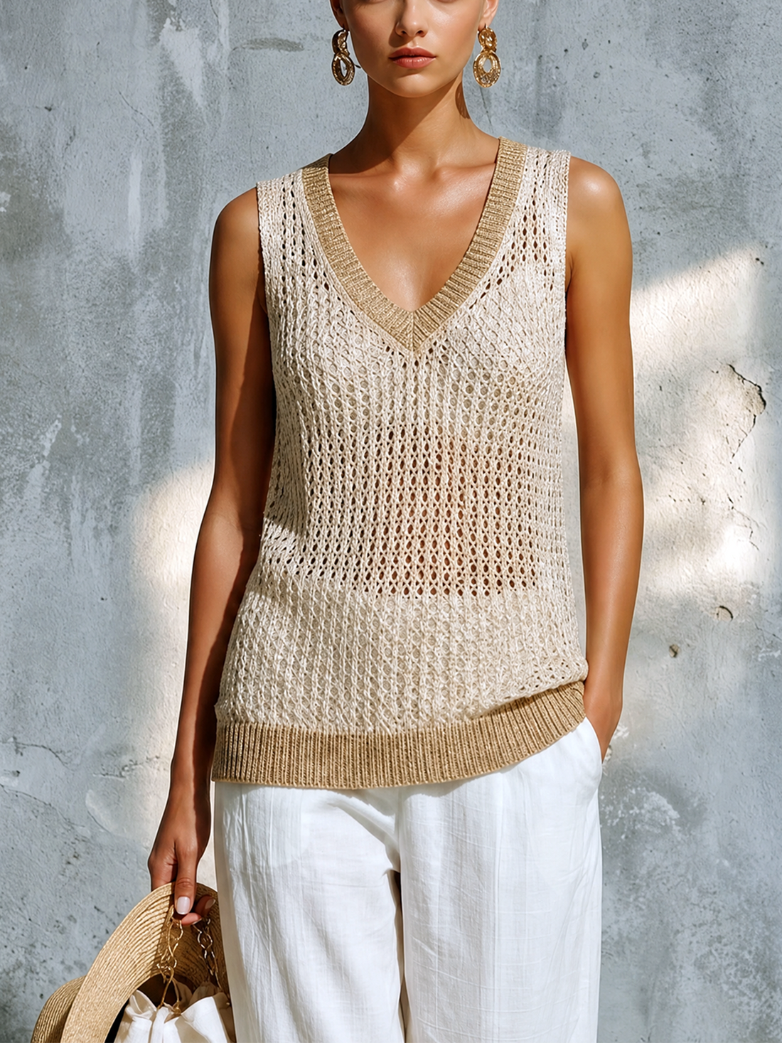 ElevenOra Chic Casual Beige V-Neck Contrast Trim Sleeveless Loose-Fit Hollow-Out Mesh Knit Vest Top