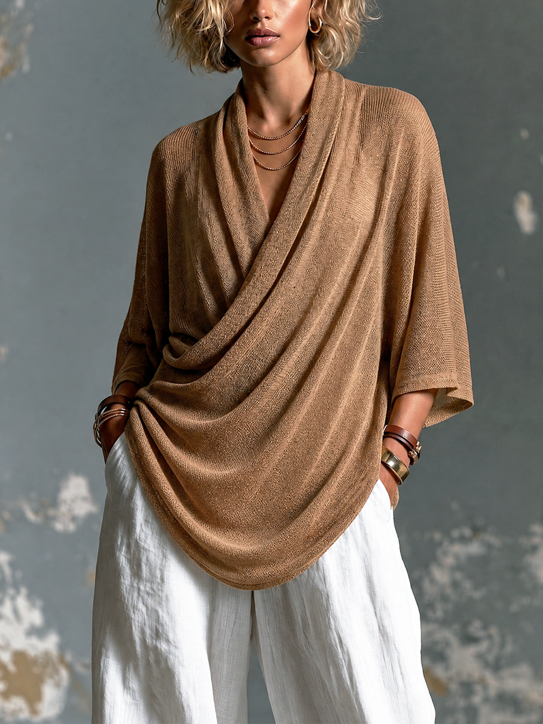 ElevenOra Chic Elegant Camel Draped Cowl Neck Three-Quarter Batwing Sleeve Loose-Fit Asymmetrical Hem Knit Sweater Top