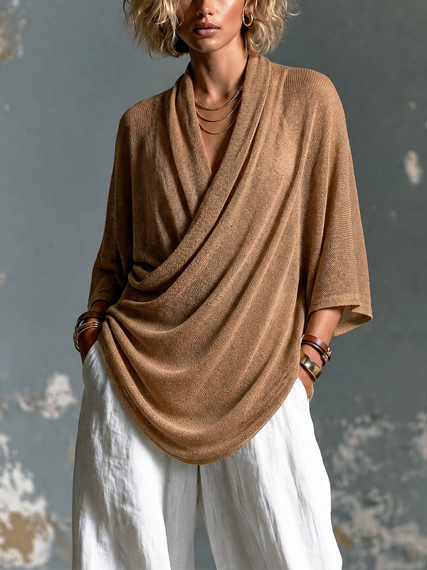 ElevenOra Chic Elegant Camel Draped Cowl Neck Three-Quarter Batwing Sleeve Loose-Fit Asymmetrical Hem Knit Sweater Top