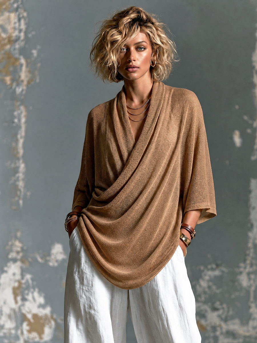ElevenOra Chic Elegant Camel Draped Cowl Neck Three-Quarter Batwing Sleeve Loose-Fit Asymmetrical Hem Knit Sweater Top