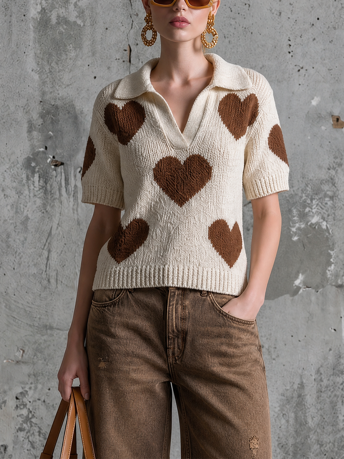 ElevenOra Chic Casual Off-White Lapel V-Neck Brown Heart Jacquard Short-Sleeve Loose-Fit Knit Sweater Top