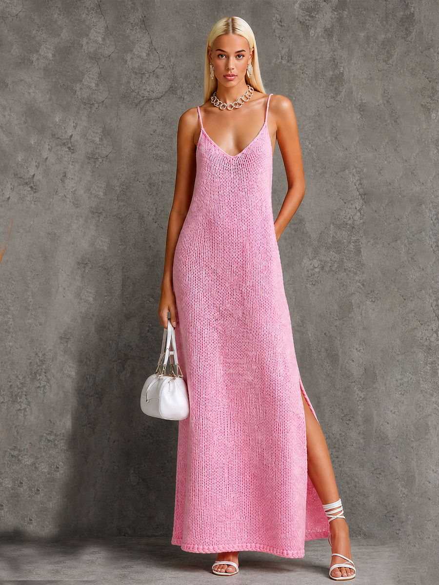 ElevenOra Chic Elegant Pink Spaghetti Straps V-Neck Sleeveless Loose-Fit Side Slit Knit Midi Dress