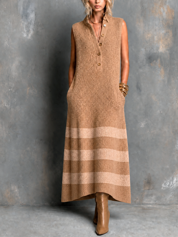 ElevenOra Chic Elegant Camel Button-Up Lapel-Collar Colorblock Stripe Sleeveless Loose-Fit A-Line Knit Maxi Dress
