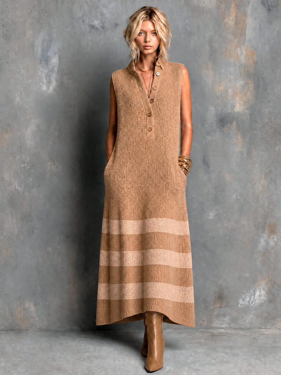ElevenOra Chic Elegant Camel Button-Up Lapel-Collar Colorblock Stripe Sleeveless Loose-Fit A-Line Knit Maxi Dress