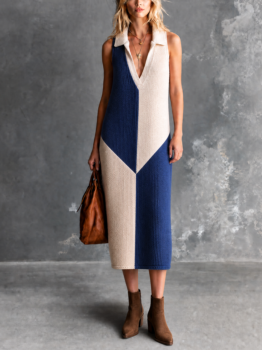 ElevenOra Chic Elegant Blue-White Colorblock Lapel V-Neck Sleeveless Loose-Fit Ribbed Knit Midi Dress