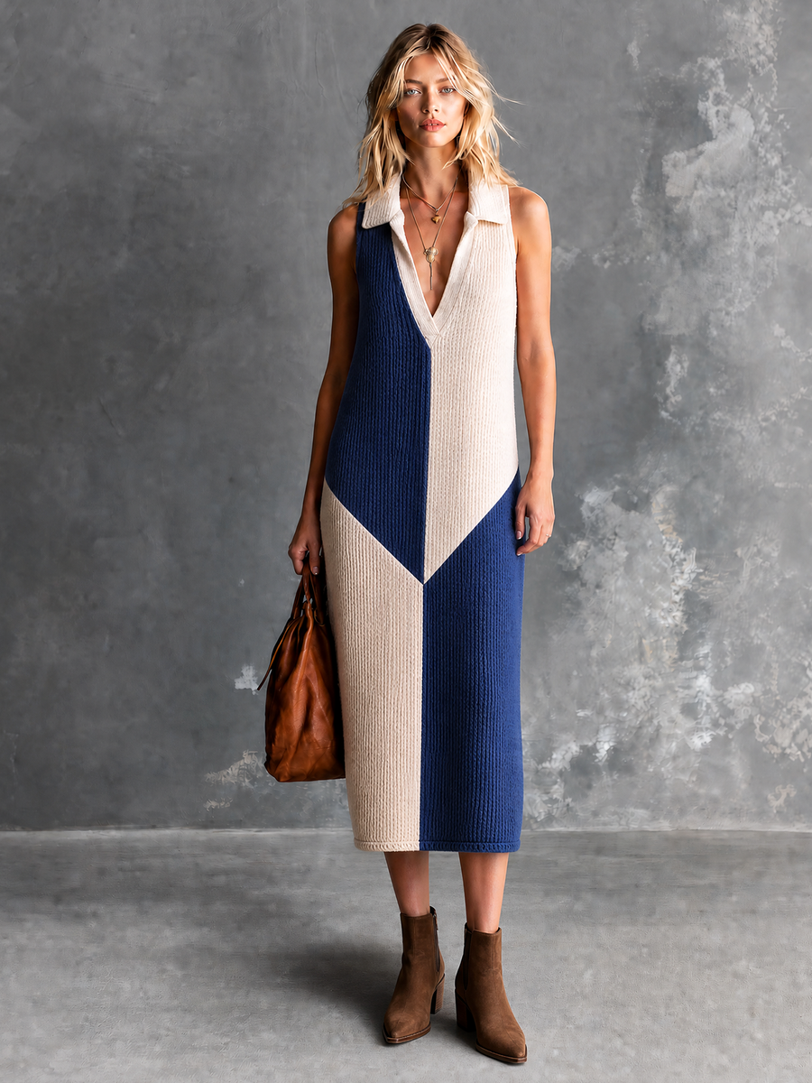 ElevenOra Chic Elegant Blue-White Colorblock Lapel V-Neck Sleeveless Loose-Fit Ribbed Knit Midi Dress