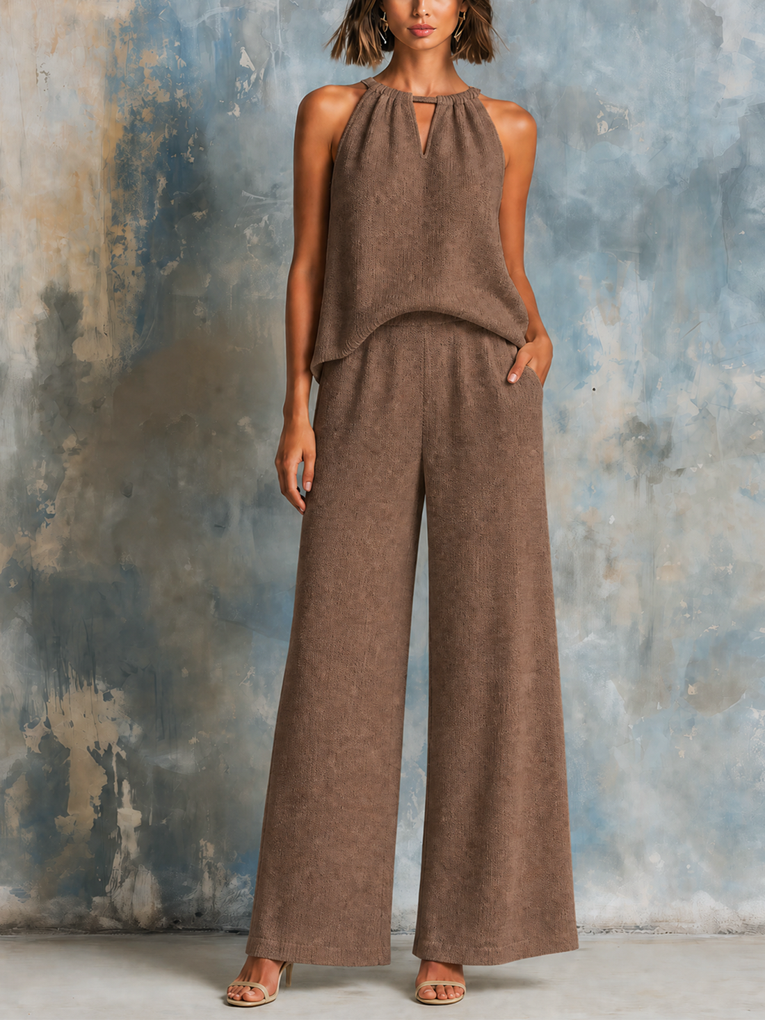 ElevenOra Chic Elegant Brown Keyhole Halter Sleeveless Tank Top  Wide-Leg Pants Knit Two-Piece Set