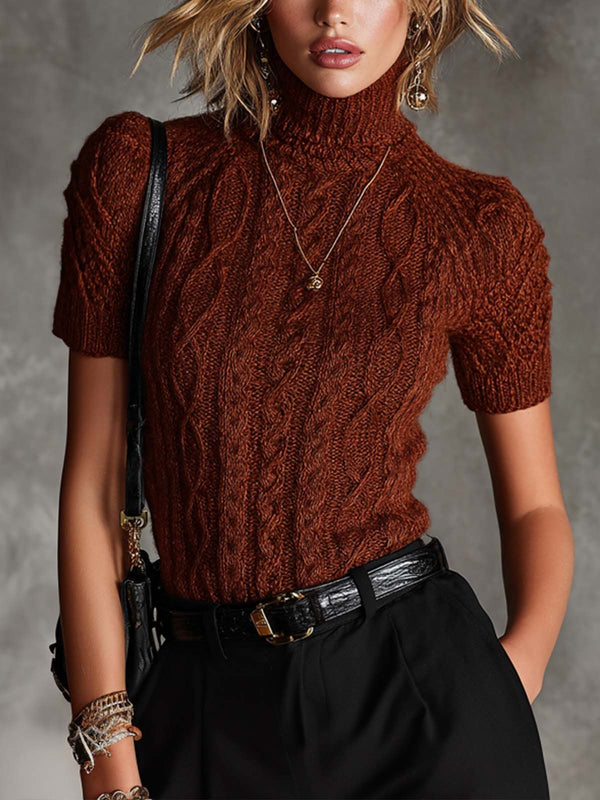 ElevenOra Chic Elegant Claret Turtleneck Short Sleeves Slim-Fit Sweater Top