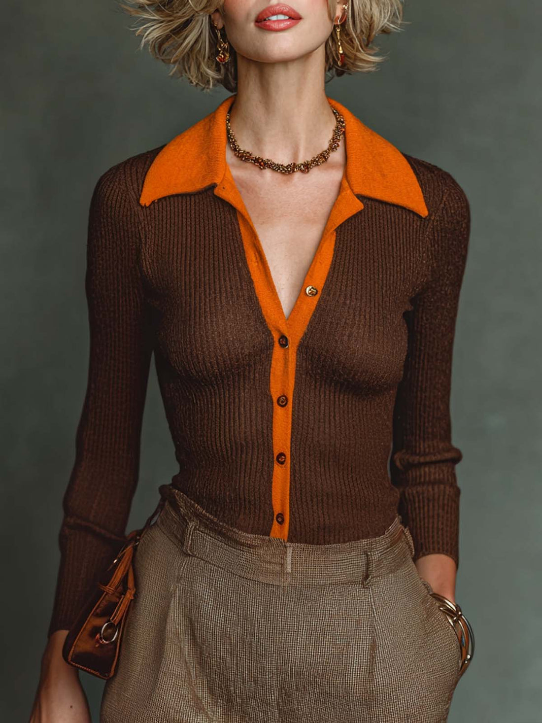 ElevenOra Chic Casual Brown-Orange Colorblock Polo-Neck Single-Breasted Long Sleeve Slim-Fit Knit Cardigan Top