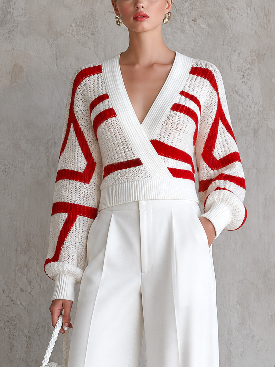 ElevenOra Chic Elegant White-Red Geometric Colorblock Jacquard  Wrap V Neck Balloon Long Sleeve Loose-Fit Knit Sweater Top