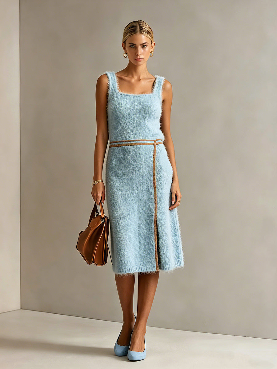 ElevenOra Chic Elegant Blue Mohair Blend Square-Neck Sleeveless Brown Trim Detail Slit Hem H-Shaped Knit Midi Dress