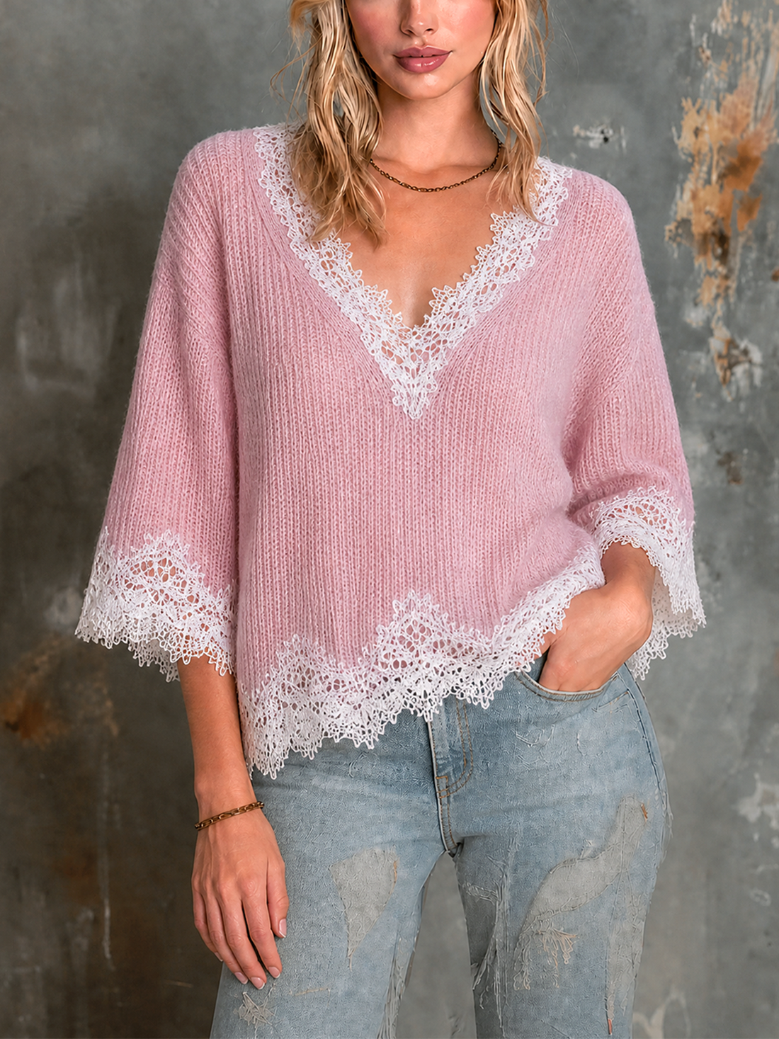 ElevenOra Chic Elegant Pink V-Neck Lace Trim Three-Quarter Sleeve Loose-Fit Ribbed Knit Sweater Top