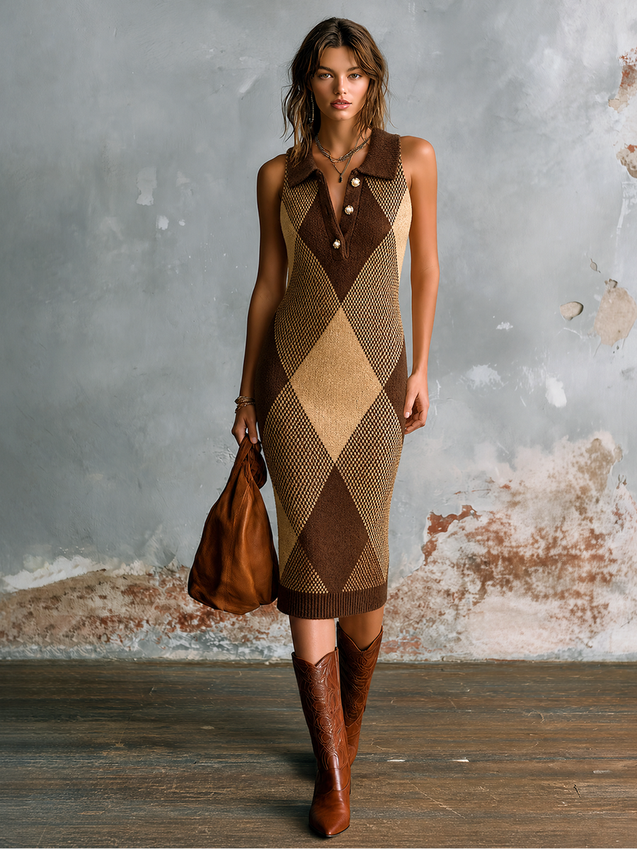 ElevenOra Chic Elegant Brown Lapel-Collar Button-Up Argyle Diamond Jacquard Sleeveless Slim-Fit Knit Midi Dress