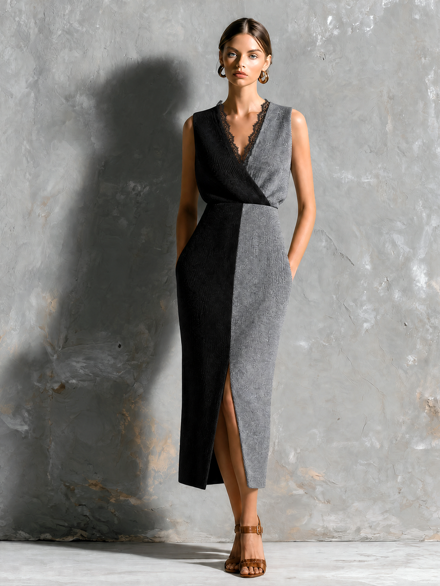 ElevenOra Chic Elegant Black-Gray Colorblock Wrap V-Neck Lace Trim Sleeveless Slim-Fit Knit Midi Dress