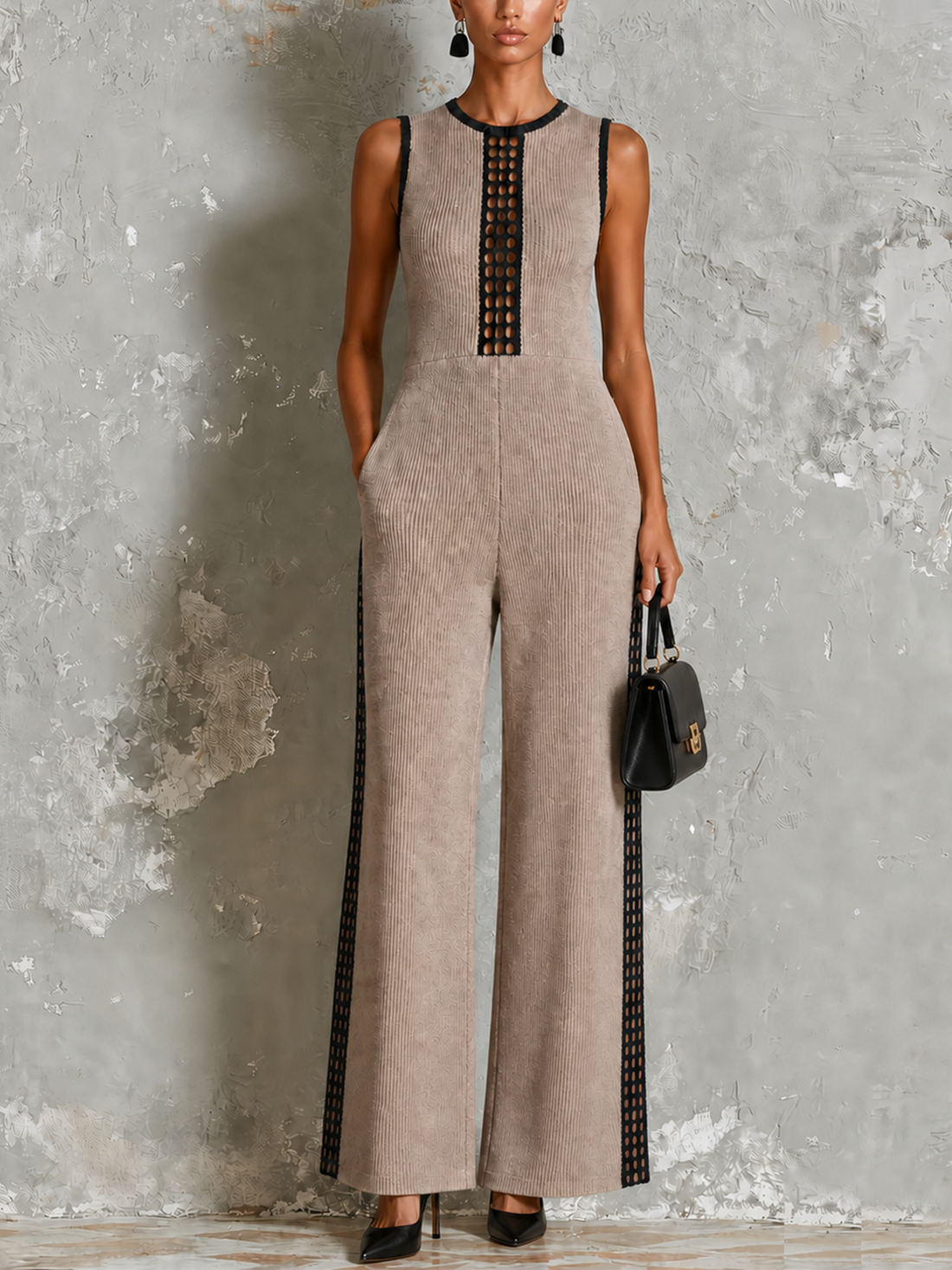 ElevenOra Chic Elegant Taupe Round Neck Contrast Trim Hollow-Out Sleeveless Wide Leg Ribbed Knit Jumpsuit