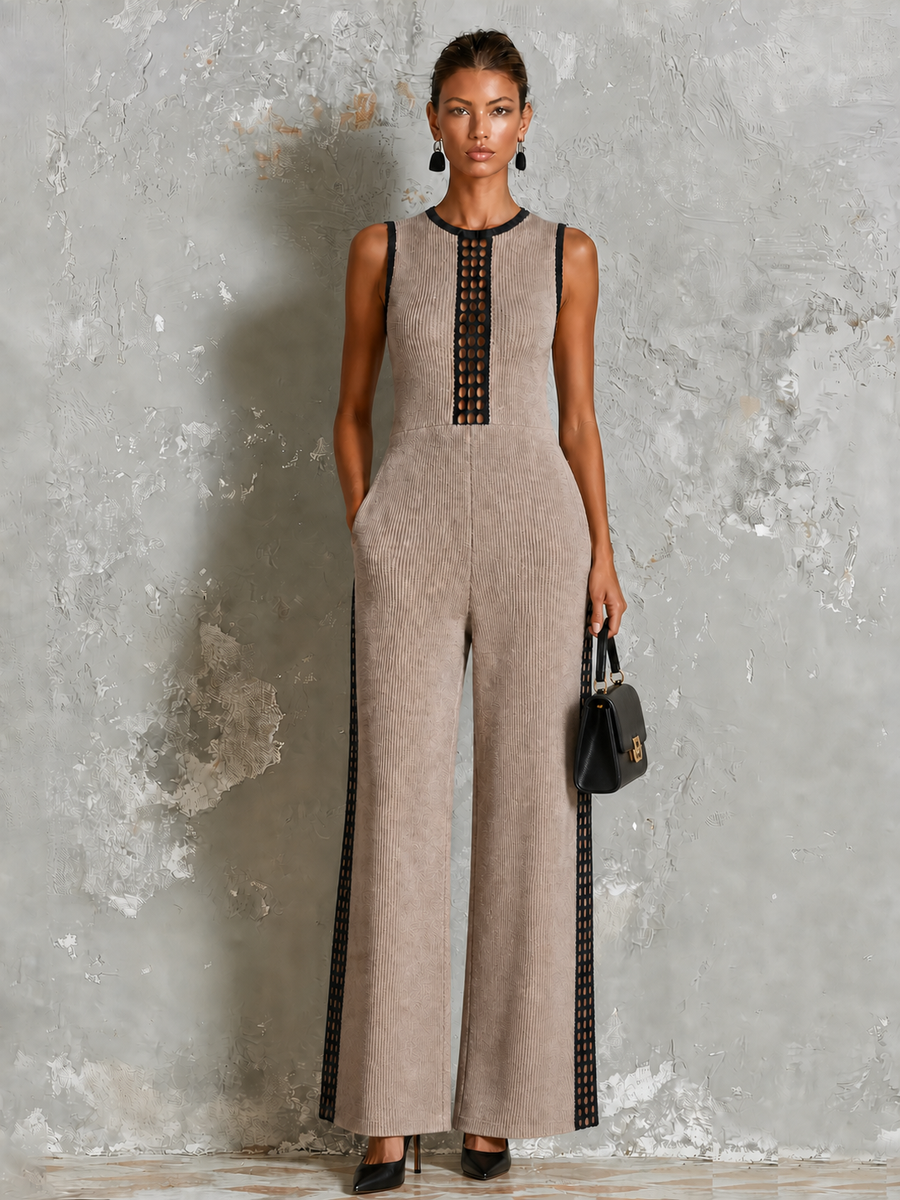 ElevenOra Chic Elegant Taupe Round Neck Contrast Trim Hollow-Out Sleeveless Wide Leg Ribbed Knit Jumpsuit
