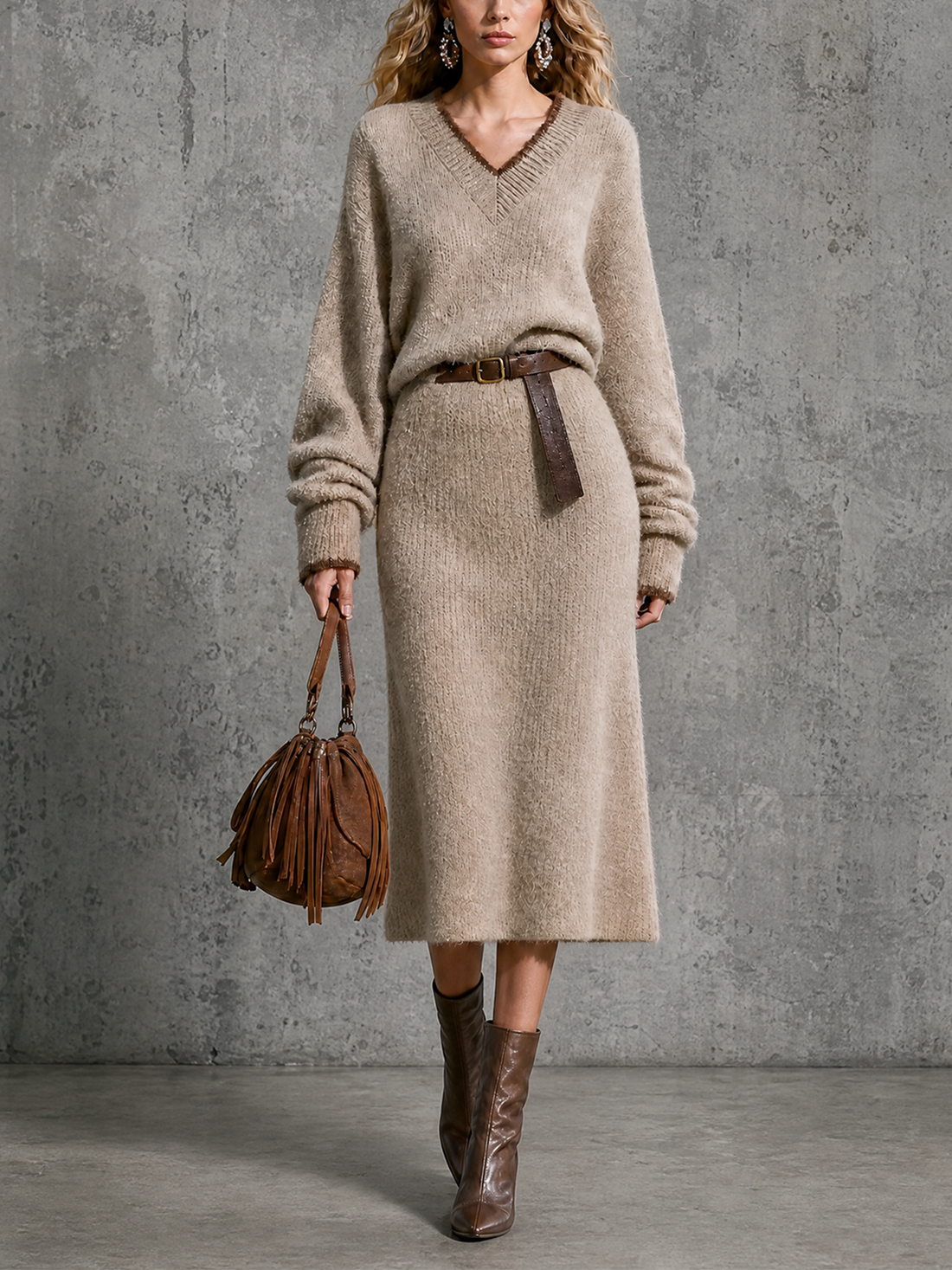 ElevenOra Chic Elegant Oat Beige V-Neck Contrast Trim Long Sleeve Loose-Fit Leather Belt Knit Midi Dress
