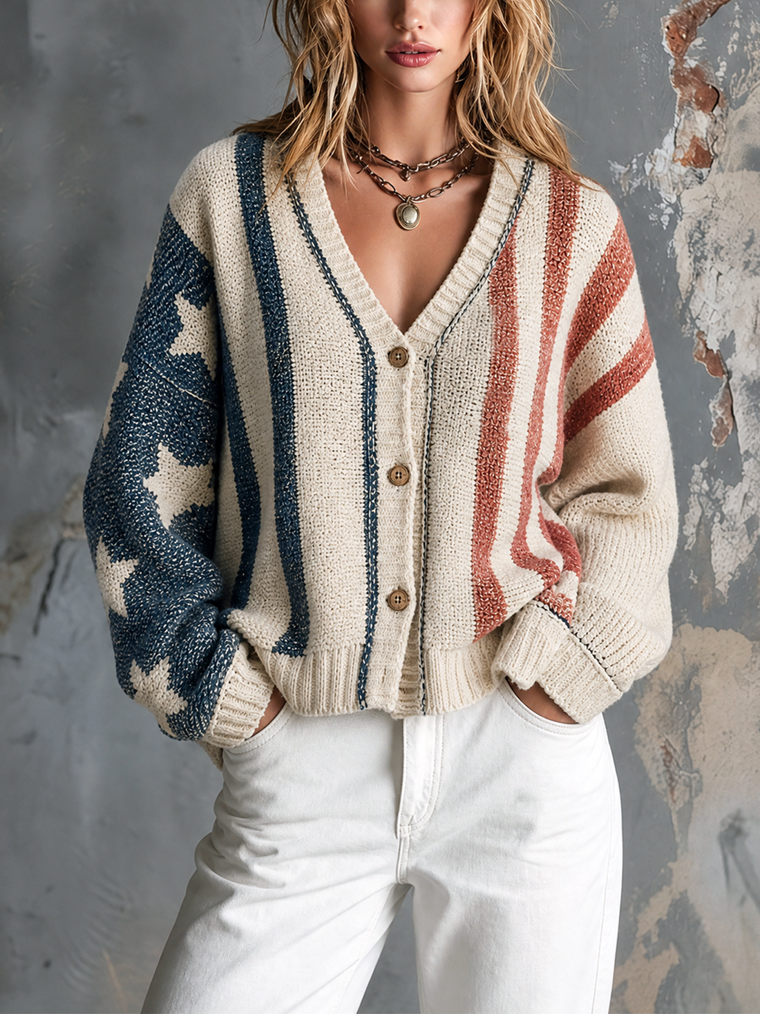 ElevenOra Chic Casual Off-White Star Jacquard Colorblock Stripe V-Neck Single-Breasted Long Sleeve Loose-Fit Knit Sweater Top