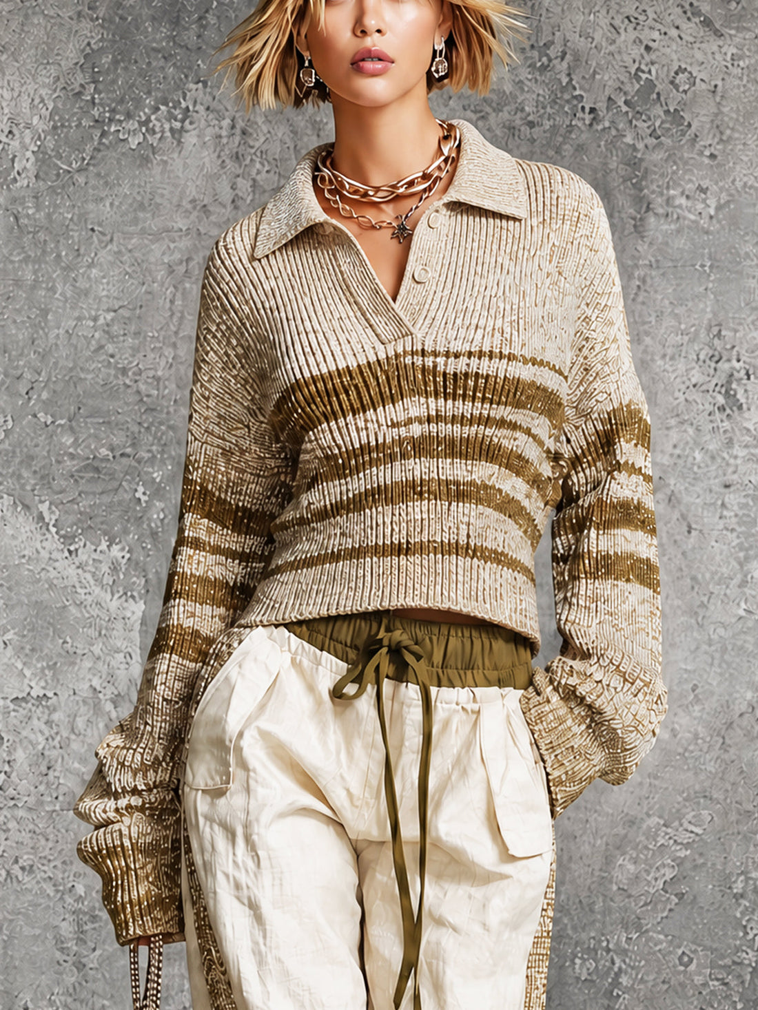 ElevenOra Chic Apricot-Khaki Stripes Polo-Neck  Button-Detail Long Sleeve Loose-Fit Sweater Top
