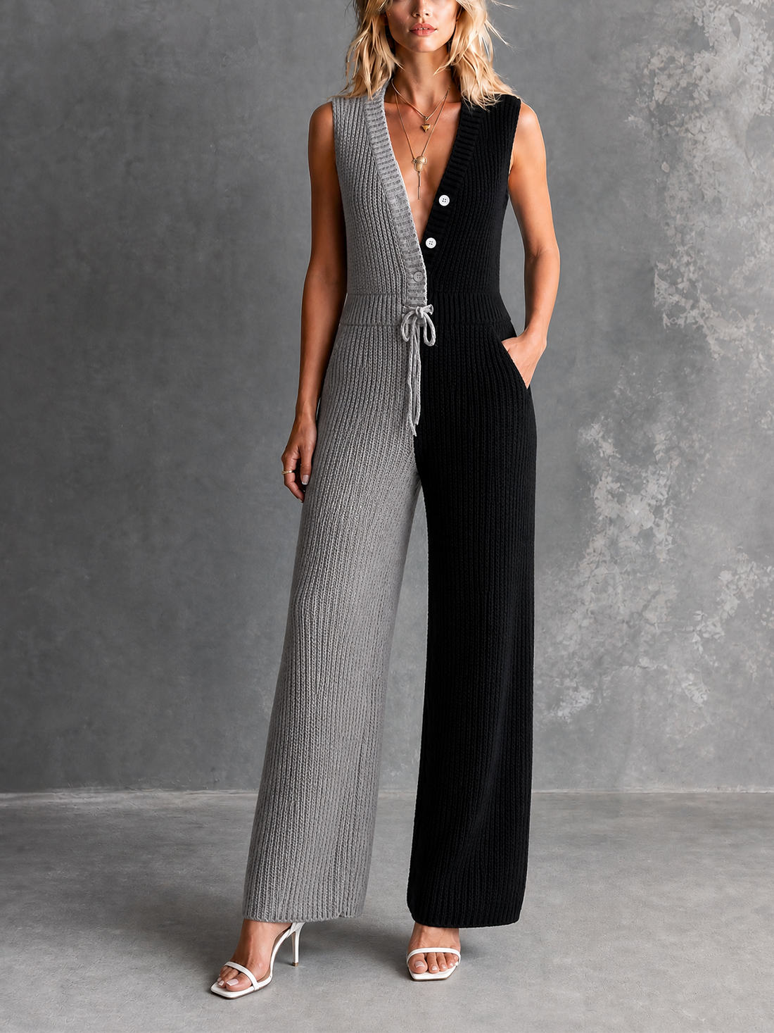 ElevenOra Chic Elegant Black-Gray V-Neck Button-Up Sleeveless Drawstring Waist Wide Leg Ribbed Knit Jumpsuit