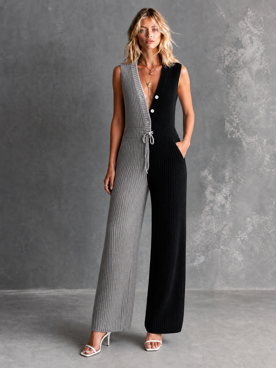 ElevenOra Chic Elegant Black-Gray V-Neck Button-Up Sleeveless Drawstring Waist Wide Leg Ribbed Knit Jumpsuit