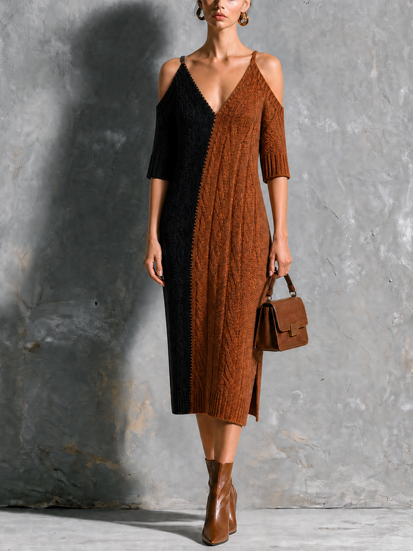ElevenOra Chic Elegant Black-Brown Colorblock Spaghetti Straps Cold Shoulder V Neck Cable Half-Sleeve Loose-Fit Knit Midi Dress