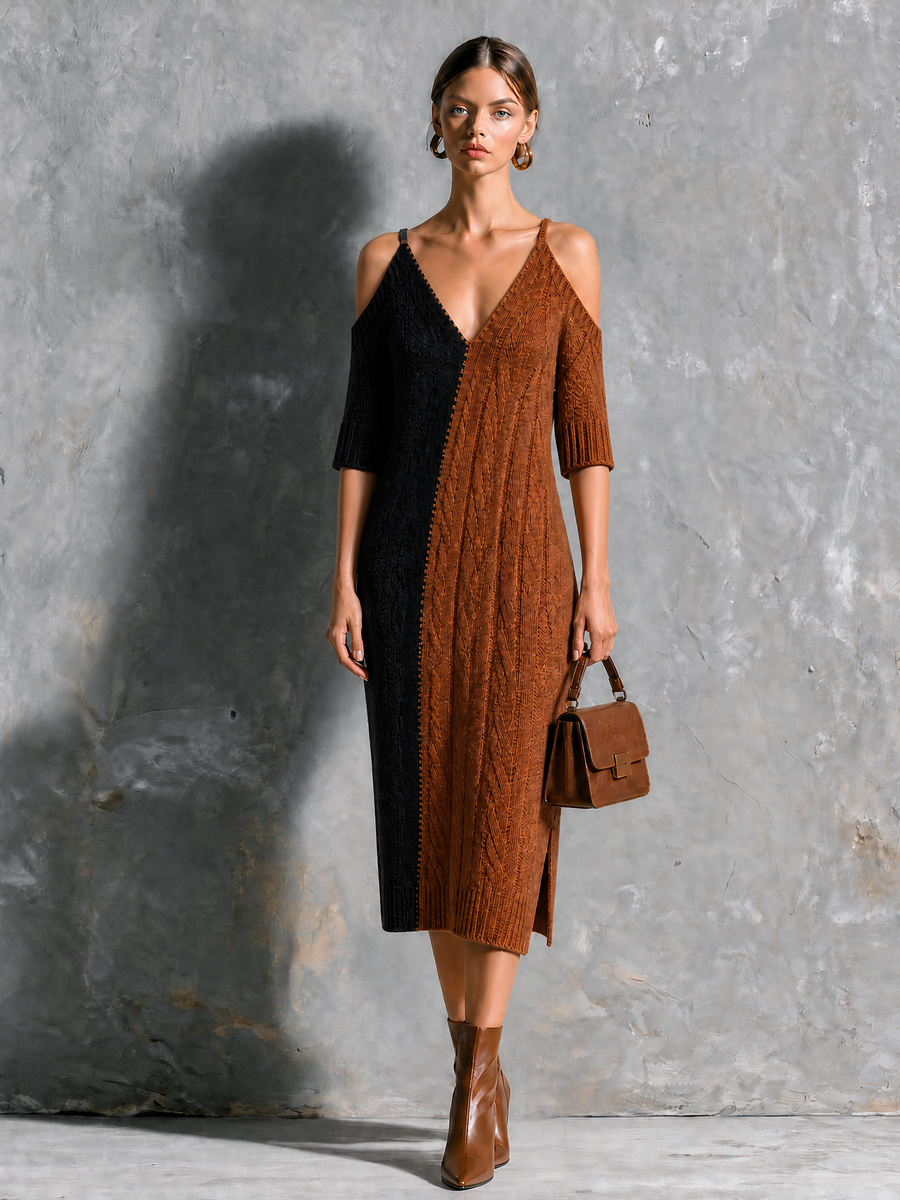 ElevenOra Chic Elegant Black-Brown Colorblock Spaghetti Straps Cold Shoulder V Neck Cable Half-Sleeve Loose-Fit Knit Midi Dress