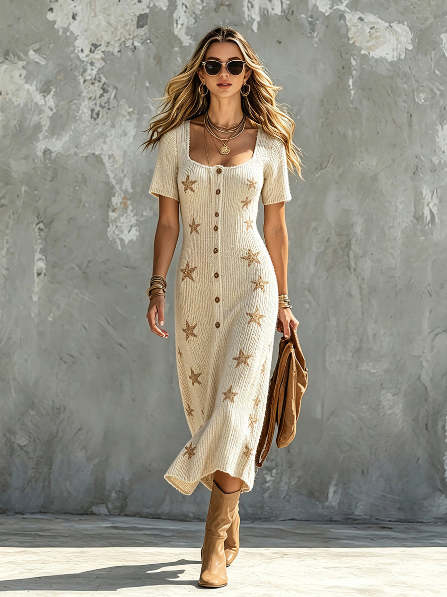 ElevenOra Chic Elegant Beige Square-Neck Short-Sleeve Single-Breasted Camel Stars Pattern A-Line Loose-Fit Soft Knit Midi Dress