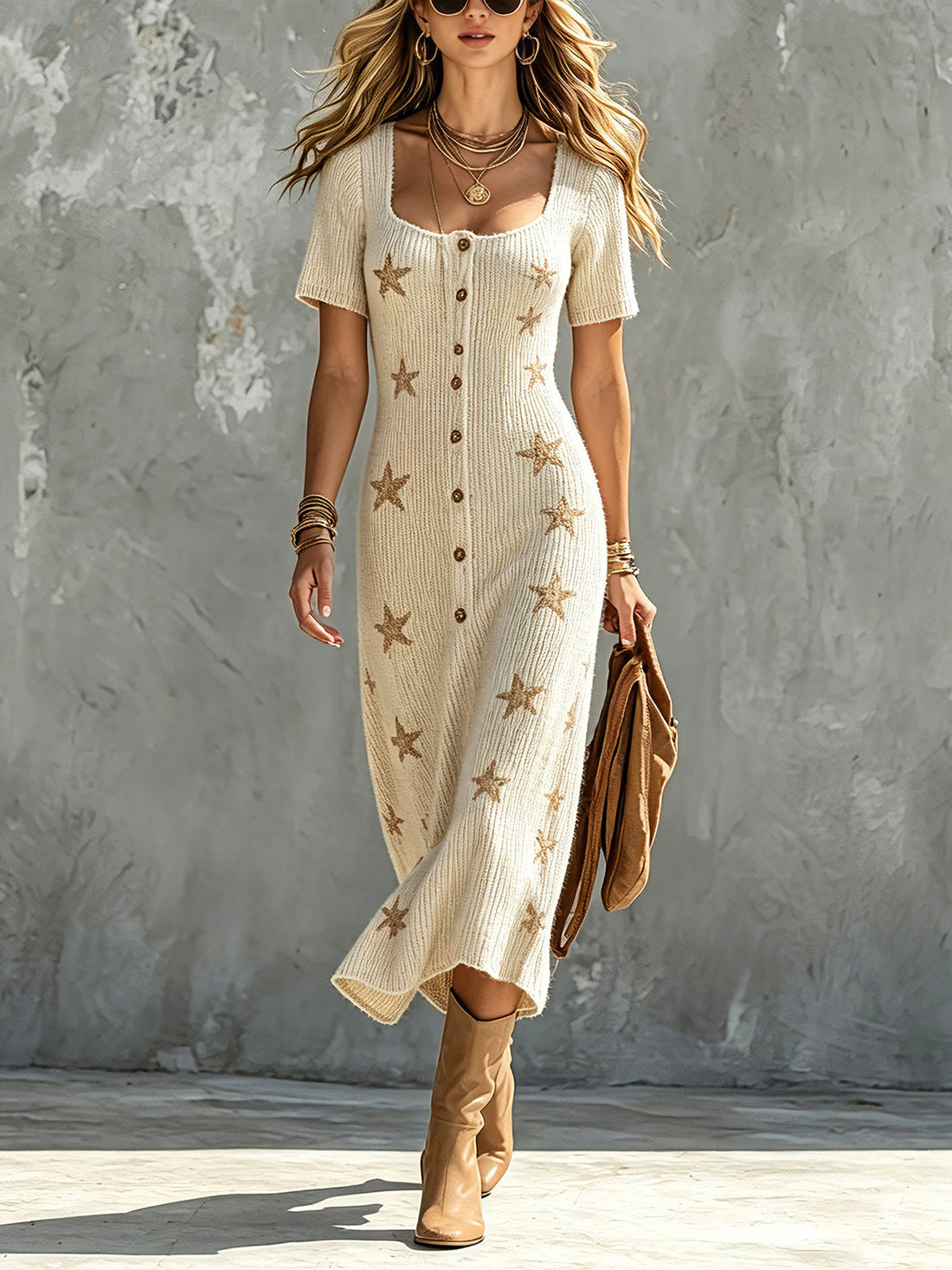 ElevenOra Chic Elegant Beige Square-Neck Short-Sleeve Single-Breasted Camel Stars Pattern A-Line Loose-Fit Soft Knit Midi Dress