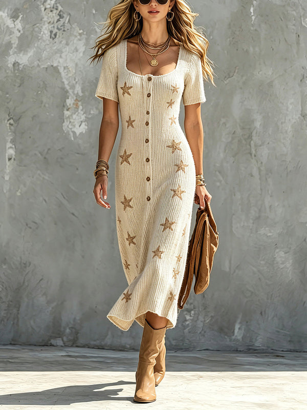 ElevenOra Chic Elegant Beige Square-Neck Short-Sleeve Single-Breasted Camel Stars Pattern A-Line Loose-Fit Soft Knit Midi Dress