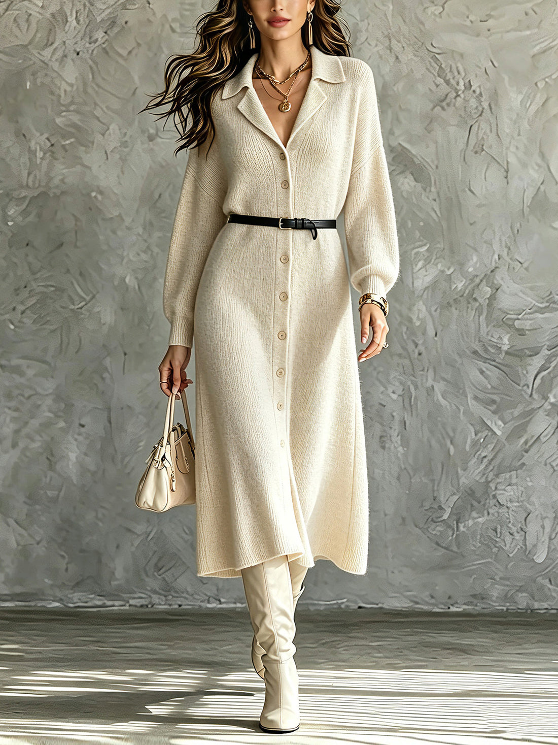ElevenOra Chic Elegant Beige Peak Lapel Long-Lantern-Sleeve Single-Breasted Belted A-Line Loose-Fit Knit Midi Dress
