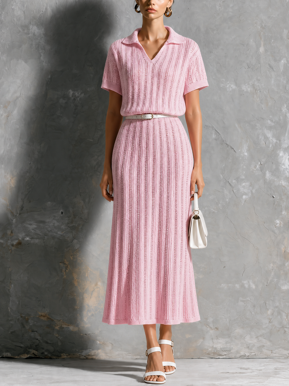 ElevenOra Chic Elegant Pink Lapel-Collar V-Neck Hollow-Out Detail Short Sleeve Loose-Fit A-Line Self Belt Knit Midi Dress