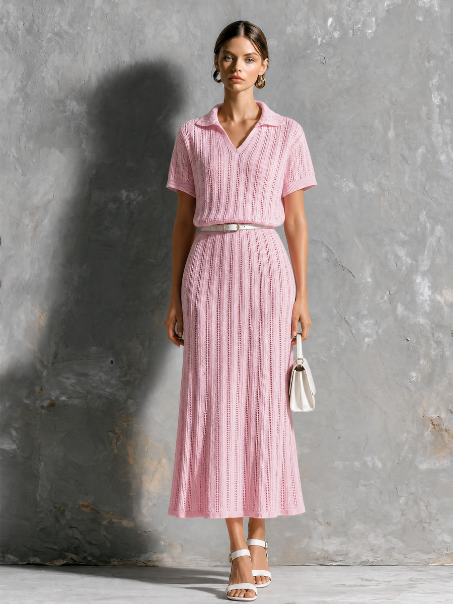 ElevenOra Chic Elegant Pink Lapel-Collar V-Neck Hollow-Out Detail Short Sleeve Loose-Fit A-Line Self Belt Knit Midi Dress