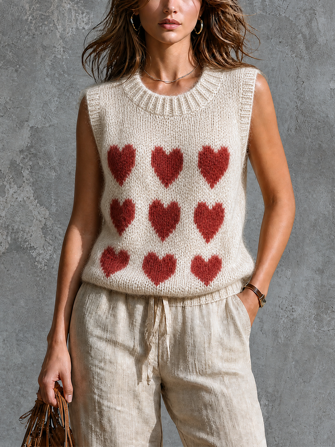 ElevenOra Chic Casual Off-White Round Neck Red Heart Jacquard Sleeveless Loose-Fit Knit Vest Top