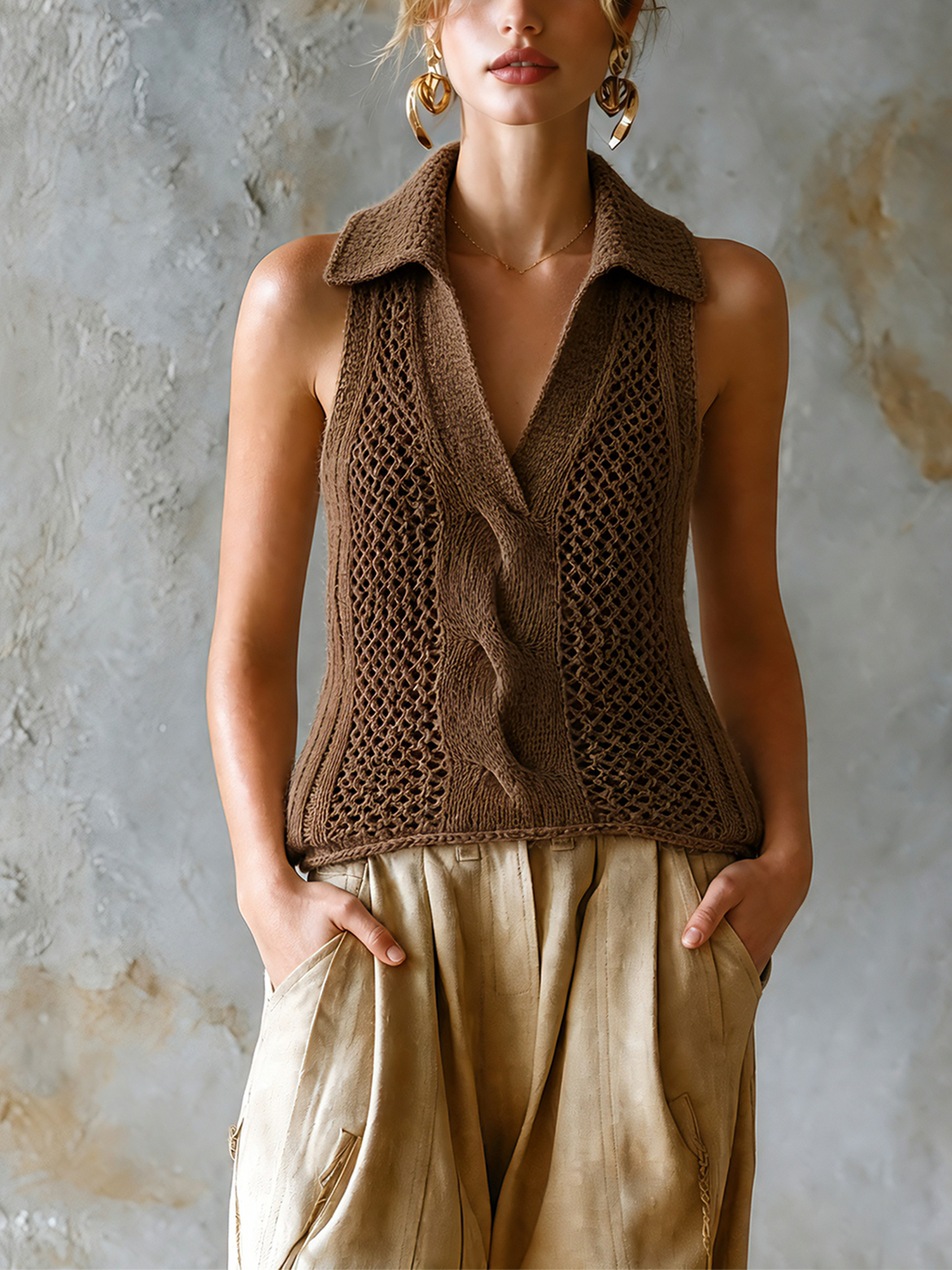ElevenOra Chic Casual Brown Lapel V-Neck Cable Hollow-Out Sleeveless Slim-Fit Knit Tank Top