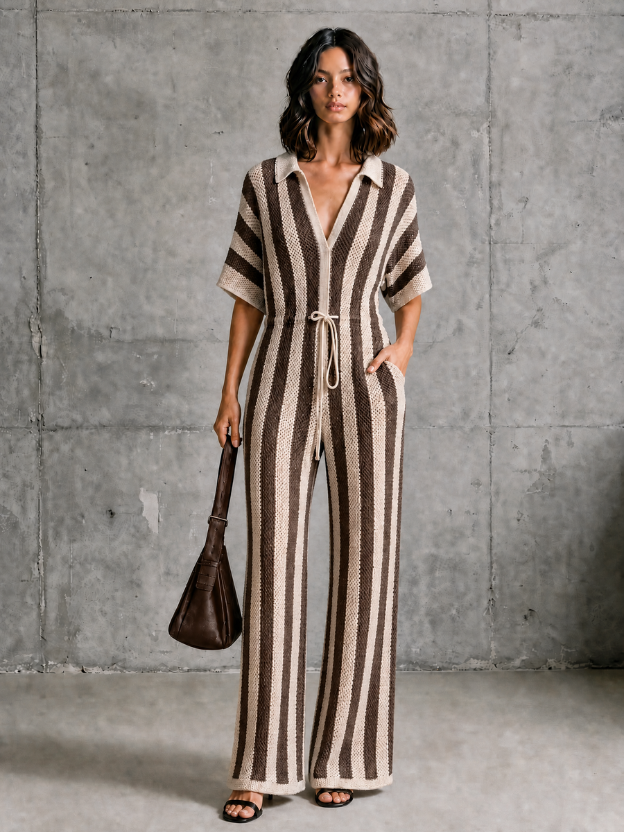 ElevenOra Chic Elegant Beige-Brown Stripe Lapel-Collar V-Neck Short-Sleeve Drawstring Waist Wide Leg Mesh Knit Jumpsuit