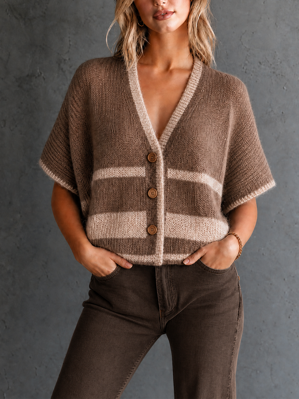 ElevenOra Chic Elegant Camel V-Neck Contrast Trim Batwing Sleeve Single-Breasted Loose-Fit Knit Cardigan Top