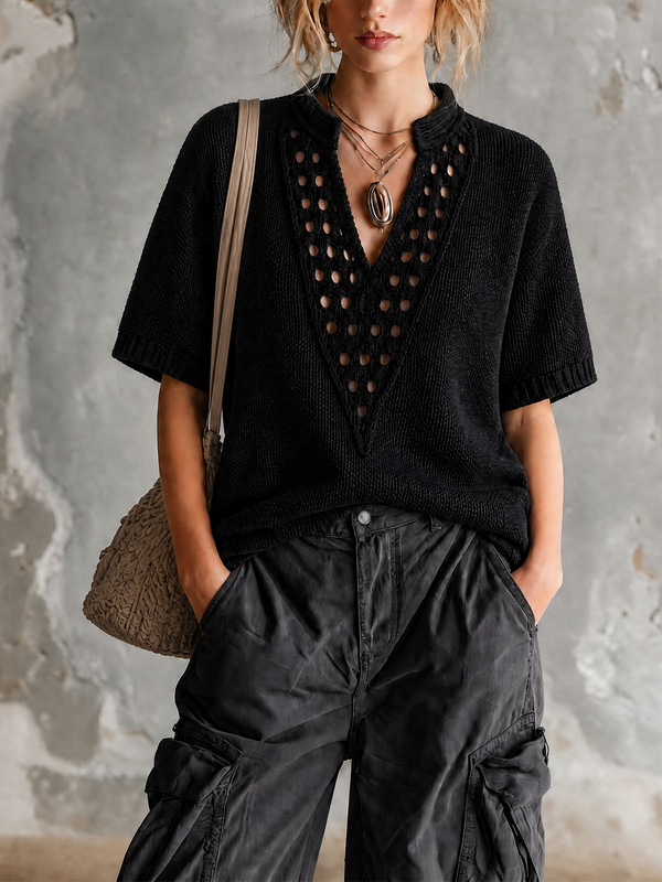 ElevenOra Chic Casual Black Stand Collar V-Neck Hollow-Out Detail Short-Sleeve Loose-Fit Knit Sweater Top