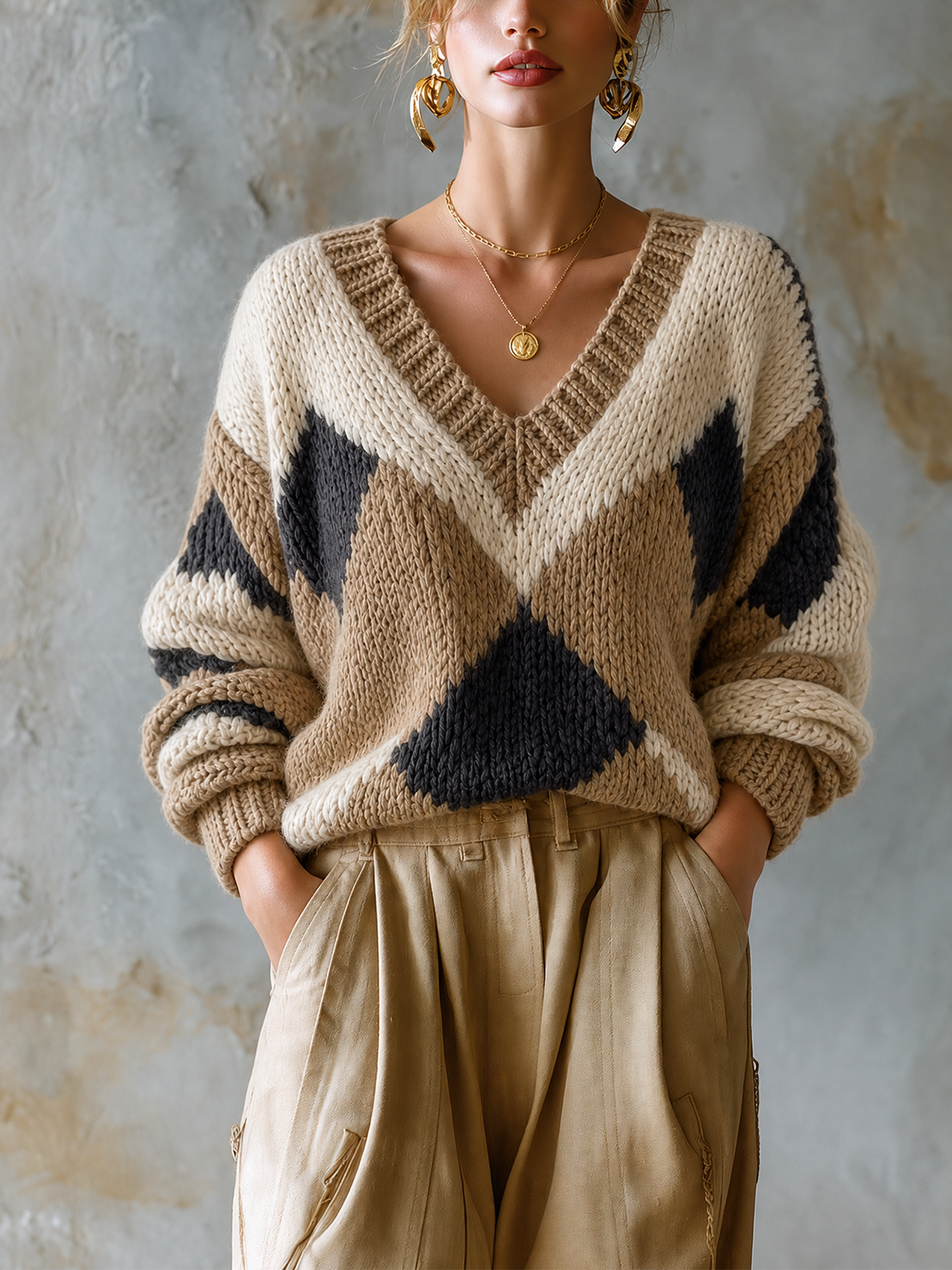 ElevenOra Chic Casual Off-White-Camel-Charcoal Colorblock Diamond Jacquard V-Neck Long Sleeve Loose-Fit Knit Sweater Top