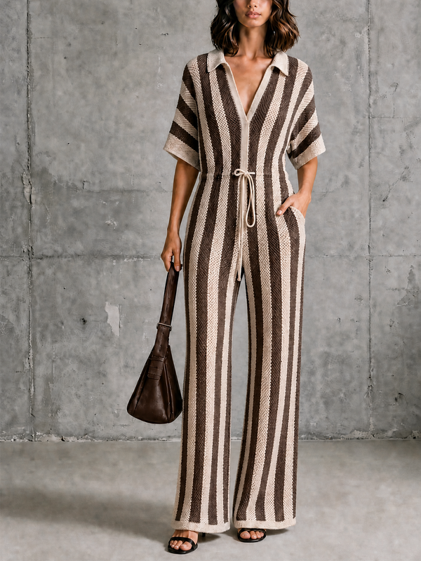 ElevenOra Chic Elegant Beige-Brown Stripe Lapel-Collar V-Neck Short-Sleeve Drawstring Waist Wide Leg Mesh Knit Jumpsuit