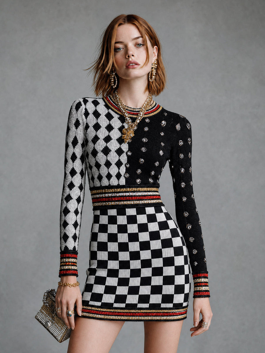 ElevenOra Chic Black Red-White Color-Blocked Stripes Plaid Rould-Neck Long-Sleeve Slim-Fit Knit Mini Knit Dress