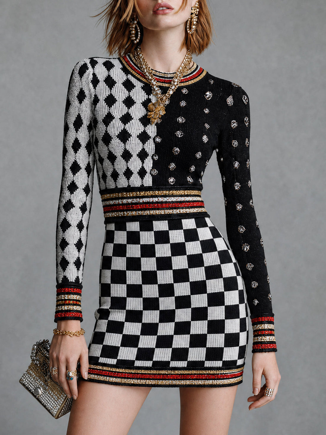 ElevenOra Chic Black Red-White Color-Blocked Stripes Plaid Rould-Neck Long-Sleeve Slim-Fit Knit Mini Knit Dress