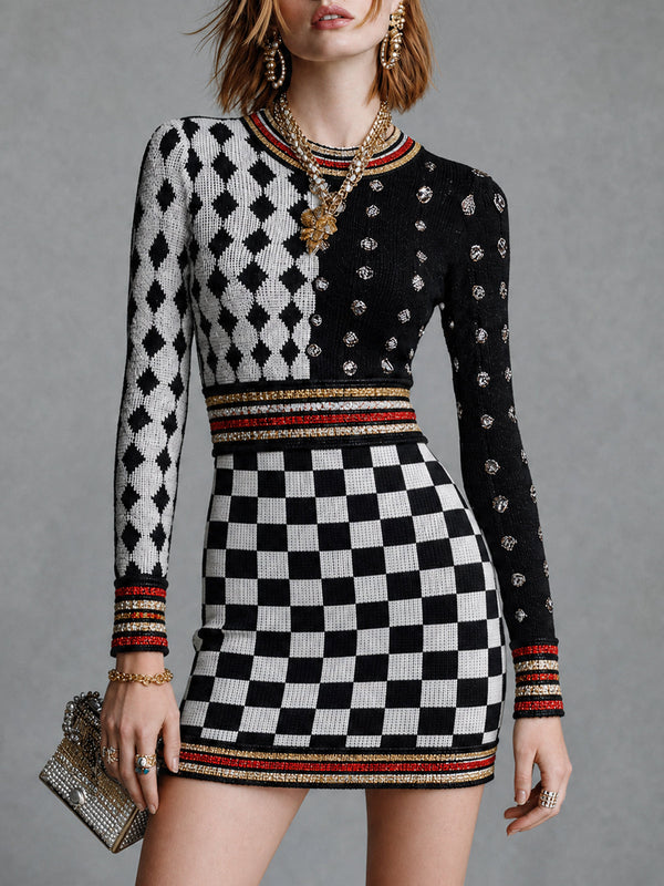 ElevenOra Chic Black Red-White Color-Blocked Stripes Plaid Rould-Neck Long-Sleeve Slim-Fit Knit Mini Knit Dress