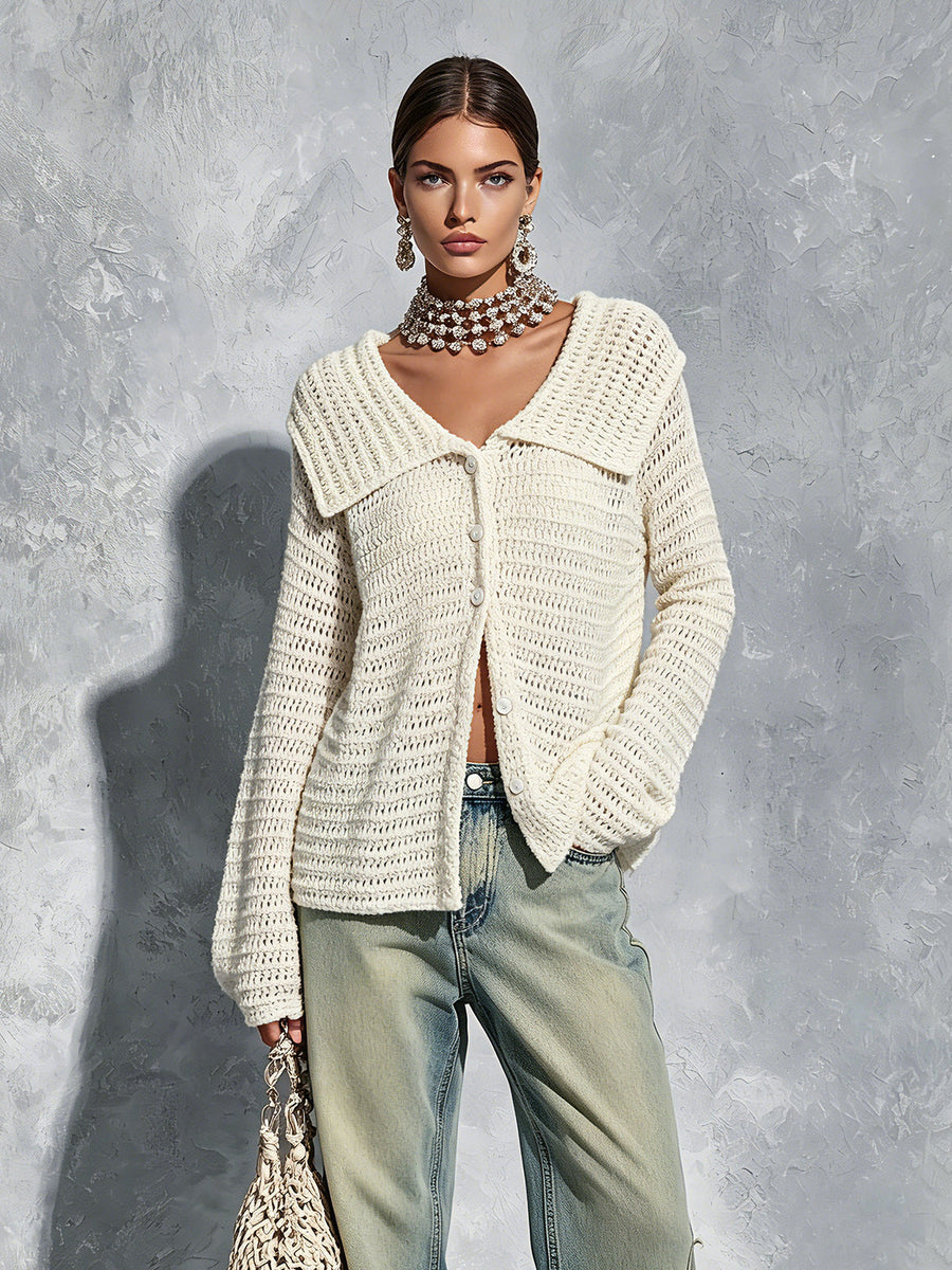 ElevenOra Chic Elegant Cream White Lapel-Collar Long-Sleeve Single-Breasted Loose-Fit Mesh Knit Cardigan