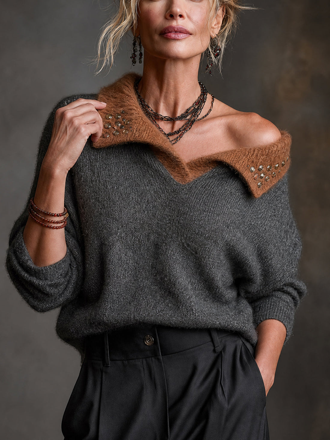 ElevenOra Chic Casual Dark Gray-Camel Colorblock Lapel Beading-Details Long Sleeve Loose-Fit Knit Sweater