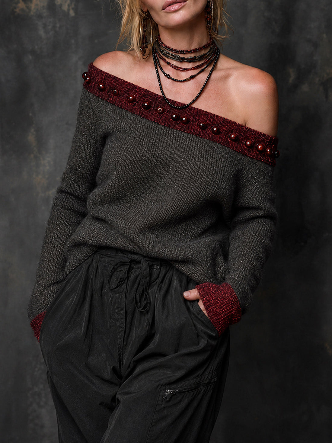 ElevenOra Chic Casual Dark Gray-Claret Colorblock Off-Shouder Beading-Details Long Sleeve Regular Fit Knit Sweater Top