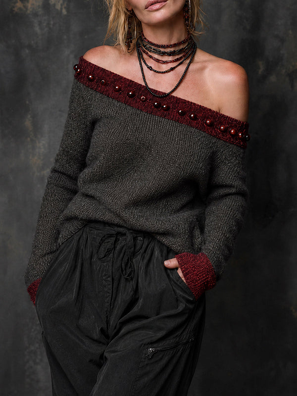 ElevenOra Chic Casual Dark Gray-Claret Colorblock Off-Shouder Beading-Details Long Sleeve Regular Fit Knit Sweater Top