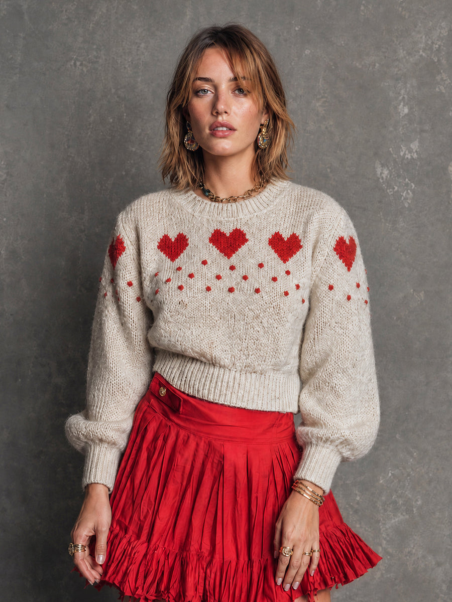 ElevenOra Chic Casual Off-White Round Neck Red Heart Jacquard Long Sleeve Puff Rugelur-Fit Knit Sweater Top