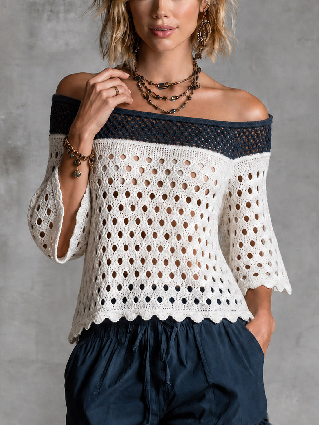 ElevenOra Chic White-Navy Blue Colorblock Off-Shoulder Three-Quarter Bell Sleeve Rugelur-Fit  Mesh Knit Sweater Top